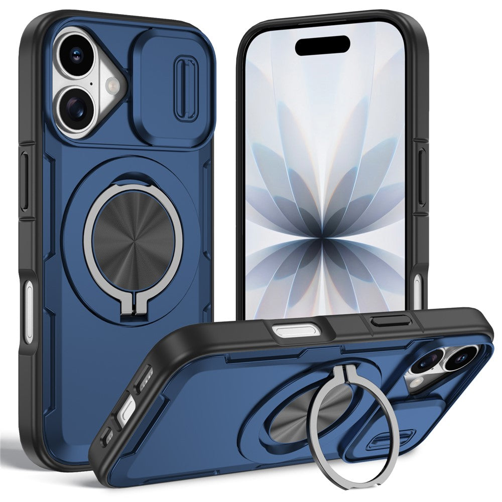 For iPhone 17 Magnetic Case Slide Camera Cover Rotary Kickstand PC + TPU Phone Shell