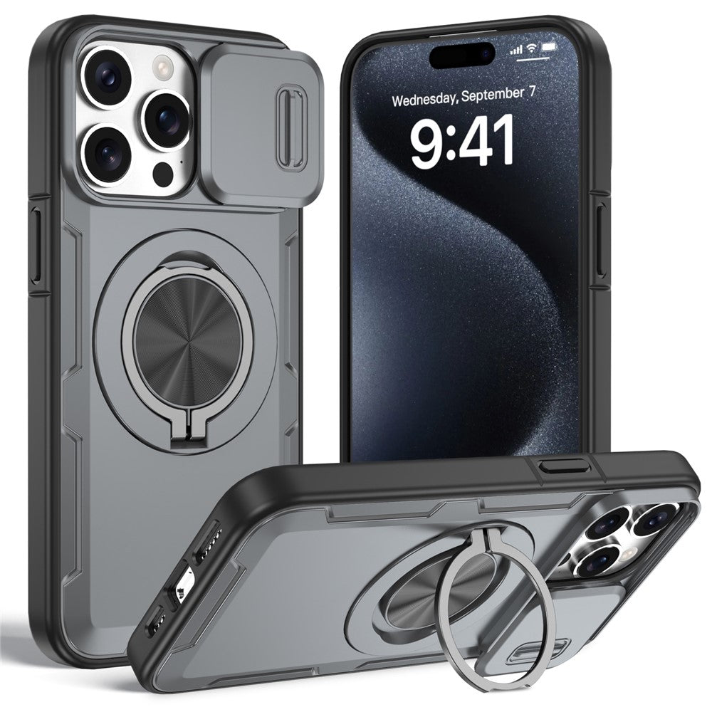 Til iPhone 15 Pro Max Magnetisk Cover Skydbart Kameralåg Roterbart Støtteben PC + TPU Telefoncover