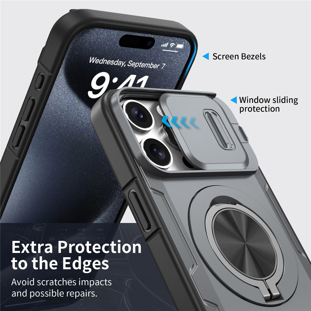 For iPhone 15 Pro Magnetic Case Slide Camera Cover Rotary Kickstand PC + TPU Phone Shell
