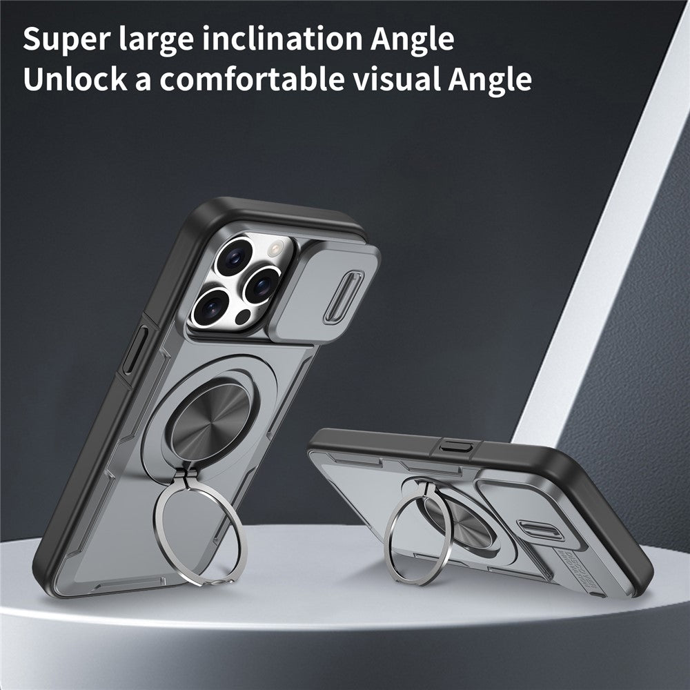 For iPhone 15 Pro Magnetic Case Slide Camera Cover Rotary Kickstand PC + TPU Phone Shell