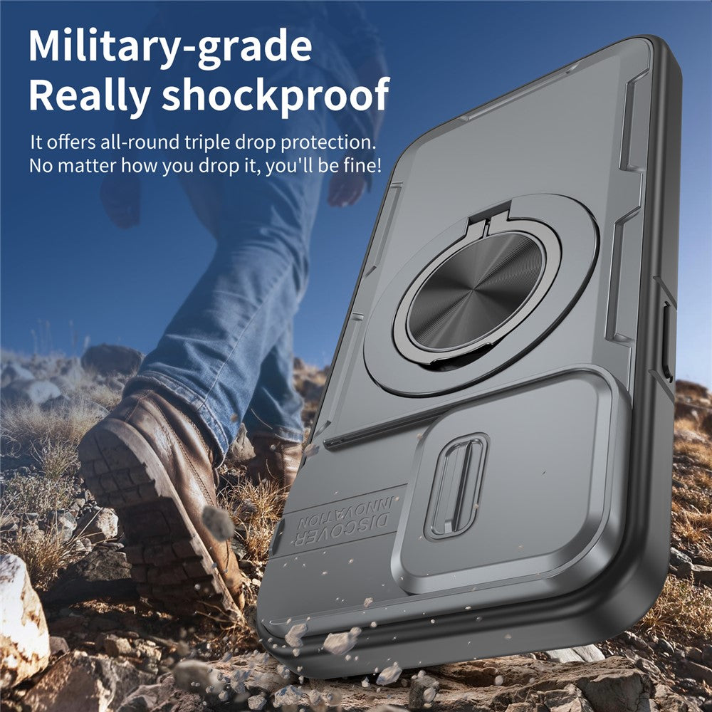 For iPhone 15 Pro Magnetic Case Slide Camera Cover Rotary Kickstand PC + TPU Phone Shell