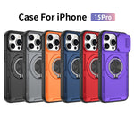 For iPhone 15 Pro Magnetic Case Slide Camera Cover Rotary Kickstand PC + TPU Phone Shell