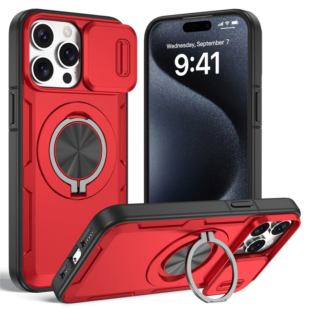 Til iPhone 15 Pro Magnetisk Cover Skydende Kameralinsebeskytter Drejelig Støttefod PC + TPU Telefoncover