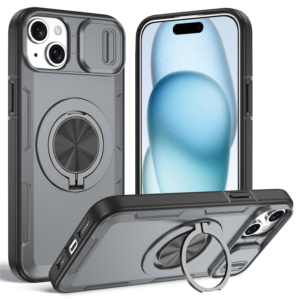 For iPhone 15 Magnetic Case Slide Camera Cover Rotary Kickstand PC + TPU Phone Shell