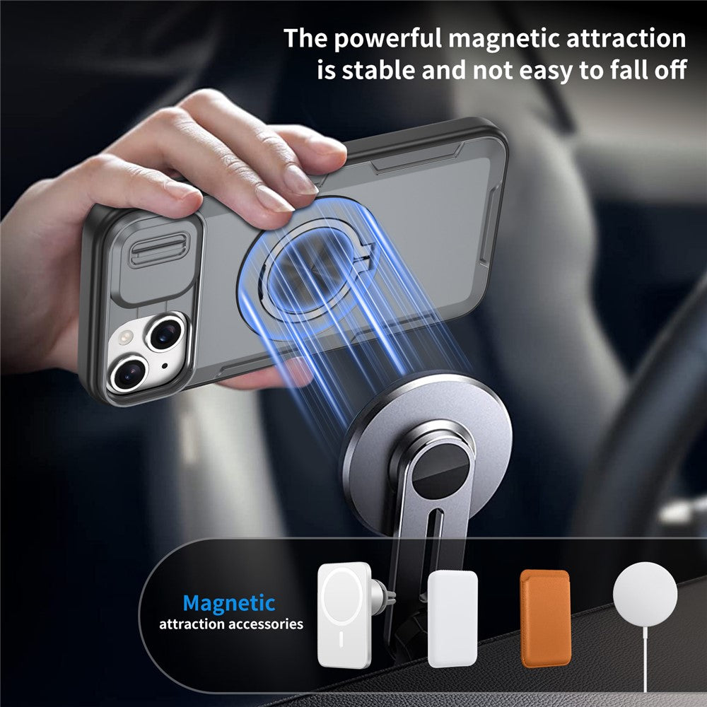 For iPhone 15 Magnetic Case Slide Camera Cover Rotary Kickstand PC + TPU Phone Shell