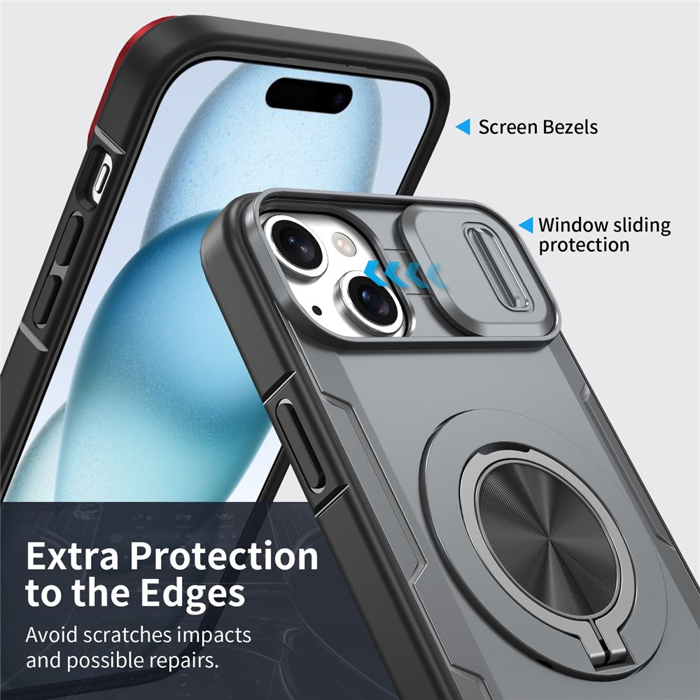 For iPhone 15 Magnetic Case Slide Camera Cover Rotary Kickstand PC + TPU Phone Shell