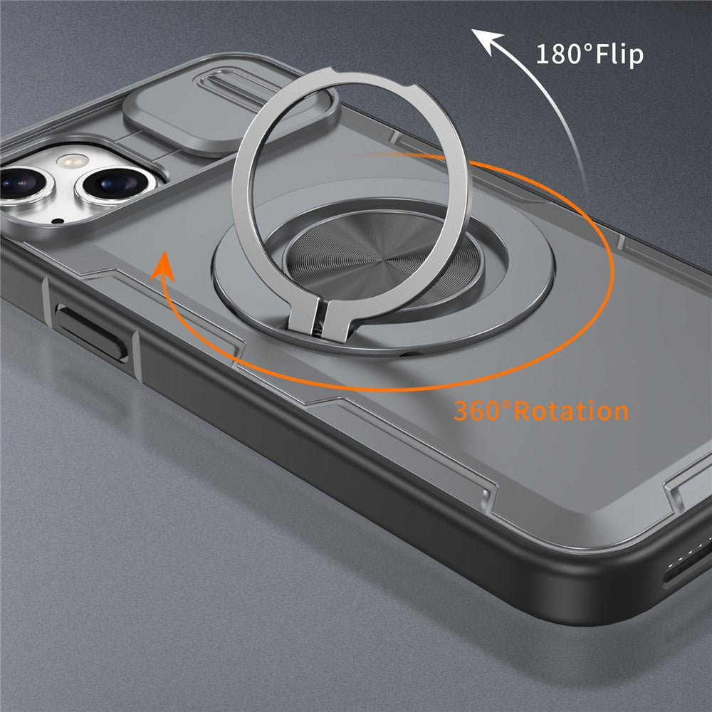 For iPhone 15 Magnetic Case Slide Camera Cover Rotary Kickstand PC + TPU Phone Shell
