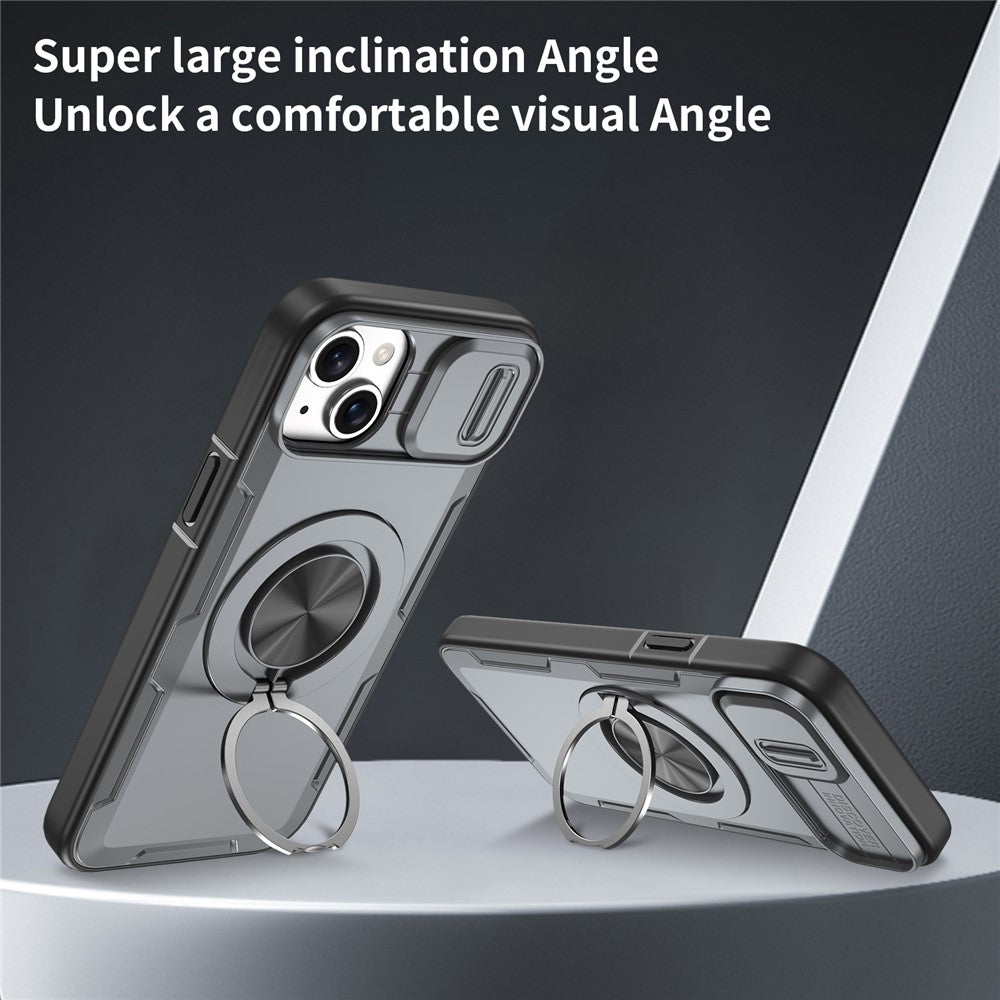 For iPhone 15 Magnetic Case Slide Camera Cover Rotary Kickstand PC + TPU Phone Shell