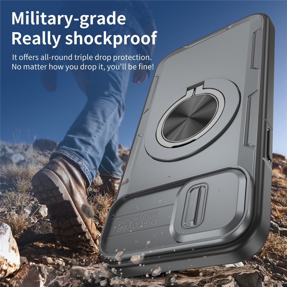 For iPhone 15 Magnetic Case Slide Camera Cover Rotary Kickstand PC + TPU Phone Shell