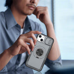 For iPhone 15 Magnetic Case Slide Camera Cover Rotary Kickstand PC + TPU Phone Shell