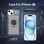 For iPhone 15 Magnetic Case Slide Camera Cover Rotary Kickstand PC + TPU Phone Shell
