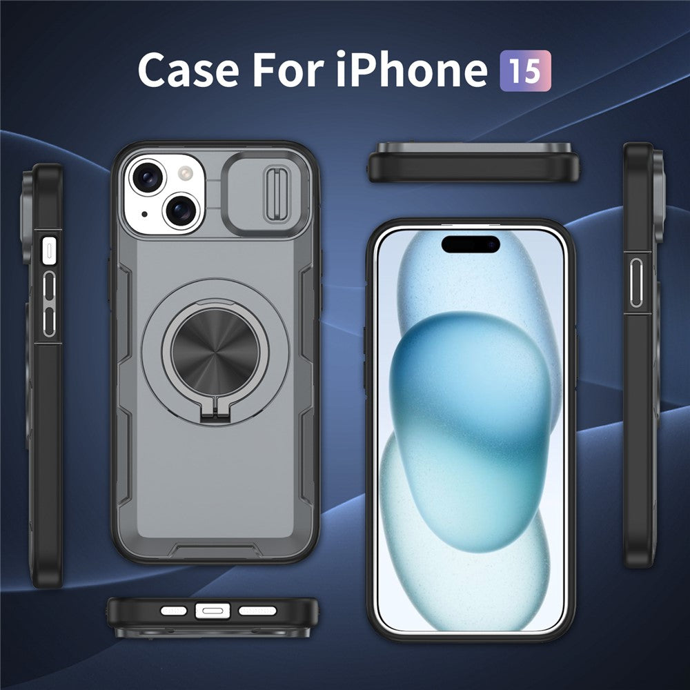 For iPhone 15 Magnetic Case Slide Camera Cover Rotary Kickstand PC + TPU Phone Shell