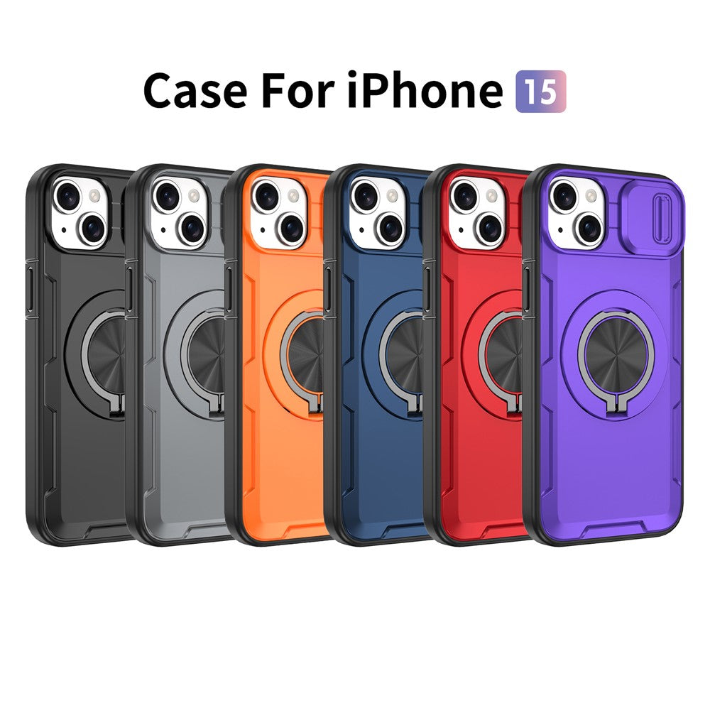 For iPhone 15 Magnetic Case Slide Camera Cover Rotary Kickstand PC + TPU Phone Shell