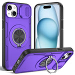 For iPhone 15 Magnetic Case Slide Camera Cover Rotary Kickstand PC + TPU Phone Shell