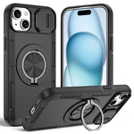 For iPhone 15 Magnetic Case Slide Camera Cover Rotary Kickstand PC + TPU Phone Shell