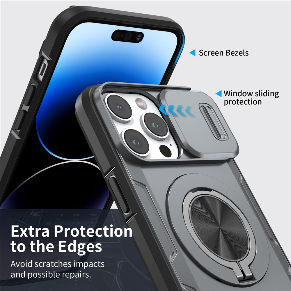 Til iPhone 14 Pro Max Magnetisk Cover Skydeligt Kameradæksel Roterbar Stander PC + TPU Telefoncover