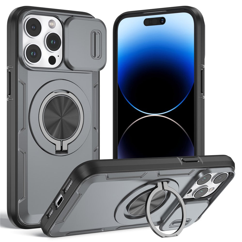 For iPhone 14 Pro Magnetic Case Slide Camera Cover Rotary Kickstand PC + TPU Phone Shell