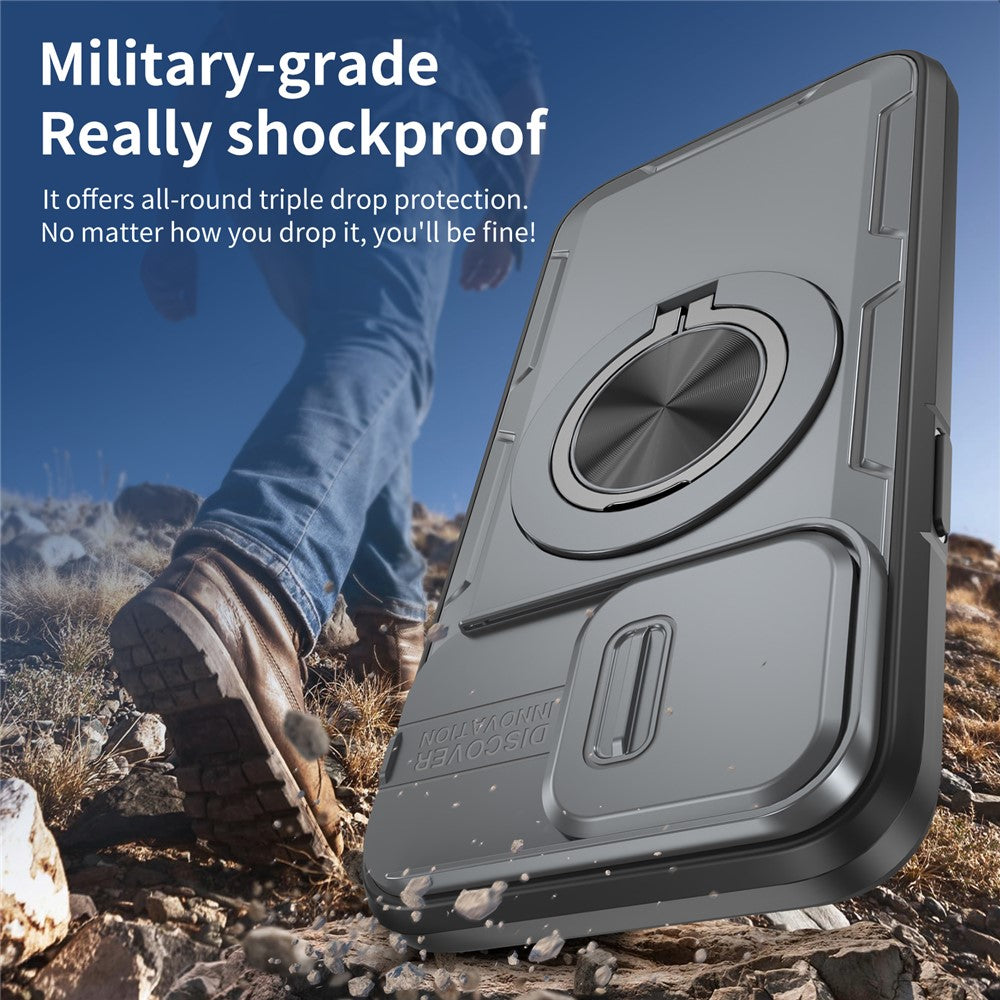 For iPhone 14 Pro Magnetic Case Slide Camera Cover Rotary Kickstand PC + TPU Phone Shell
