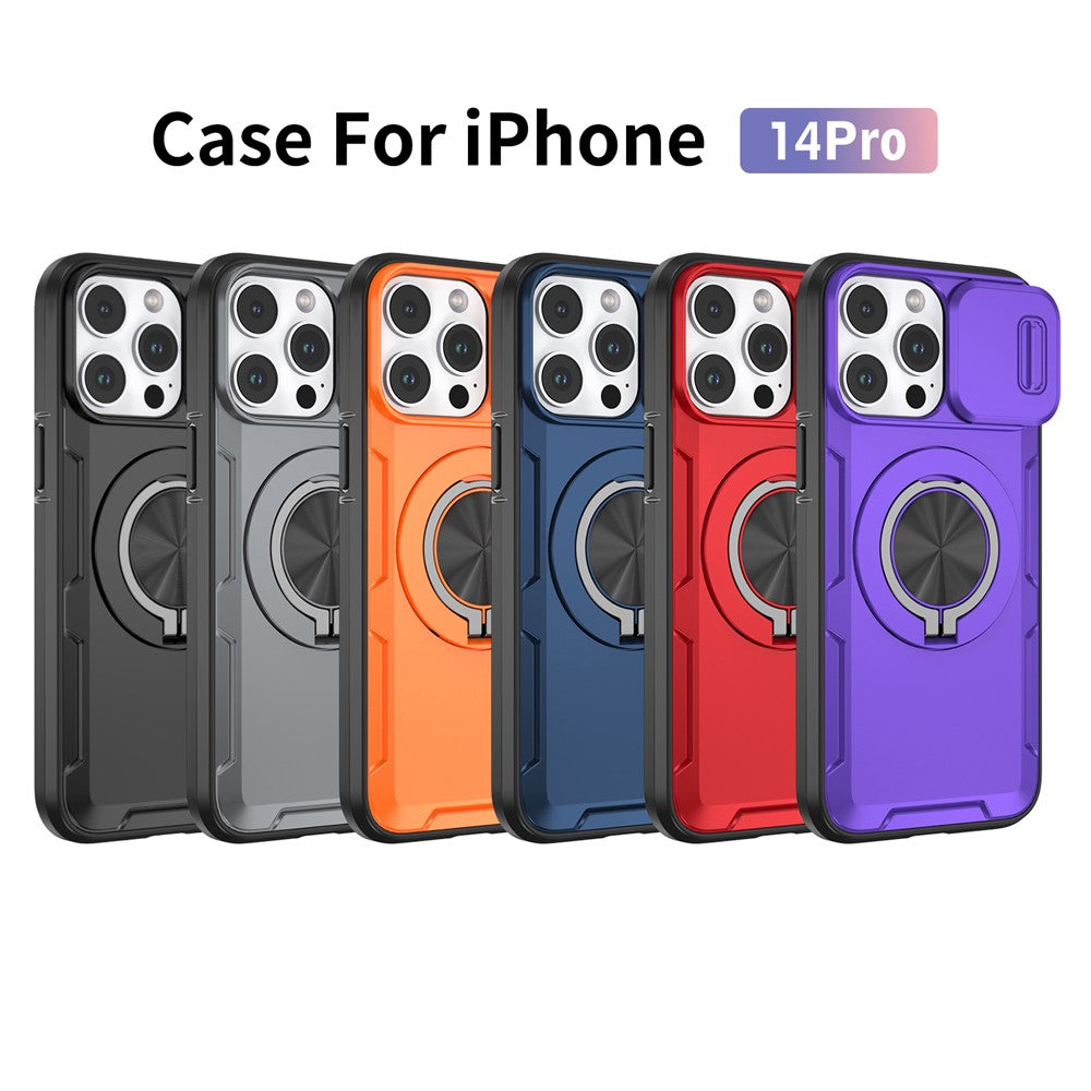 For iPhone 14 Pro Magnetic Case Slide Camera Cover Rotary Kickstand PC + TPU Phone Shell