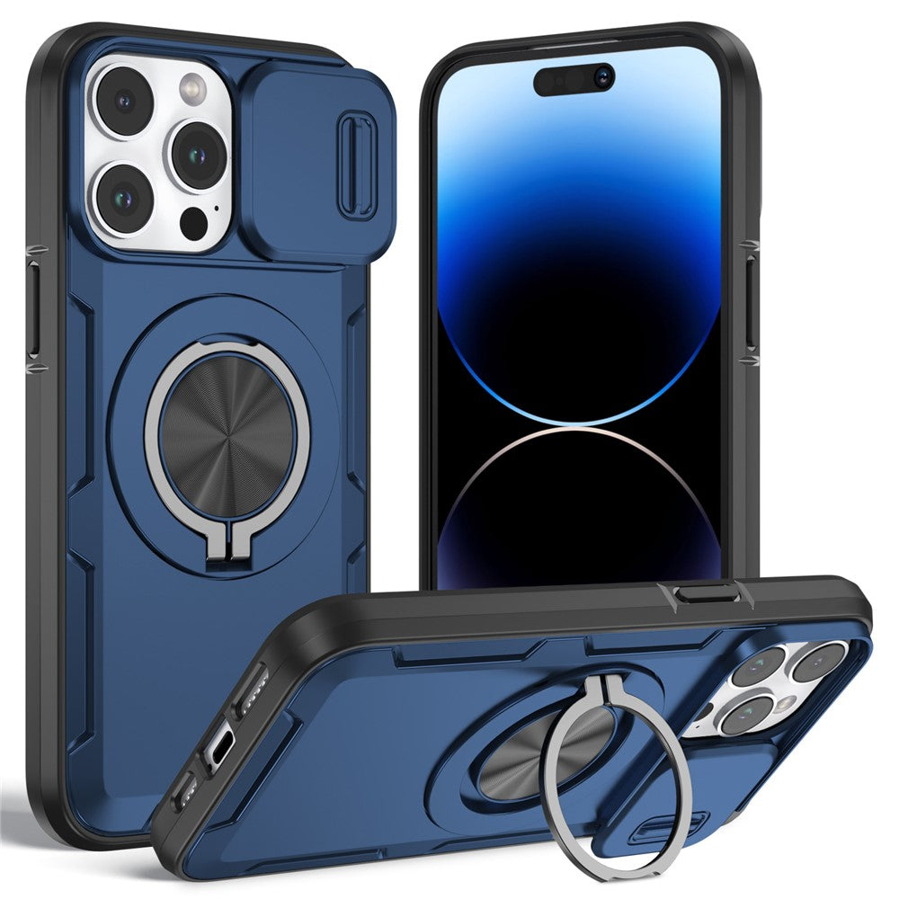 For iPhone 14 Pro Magnetic Case Slide Camera Cover Rotary Kickstand PC + TPU Phone Shell