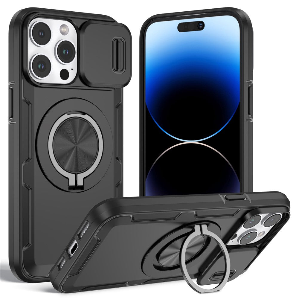 For iPhone 14 Pro Magnetic Case Slide Camera Cover Rotary Kickstand PC + TPU Phone Shell