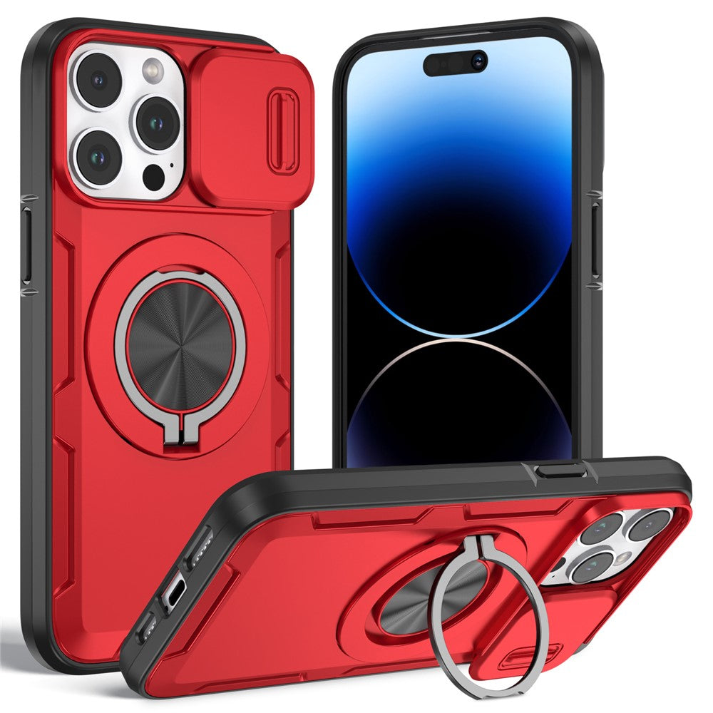 For iPhone 14 Pro Magnetic Case Slide Camera Cover Rotary Kickstand PC + TPU Phone Shell