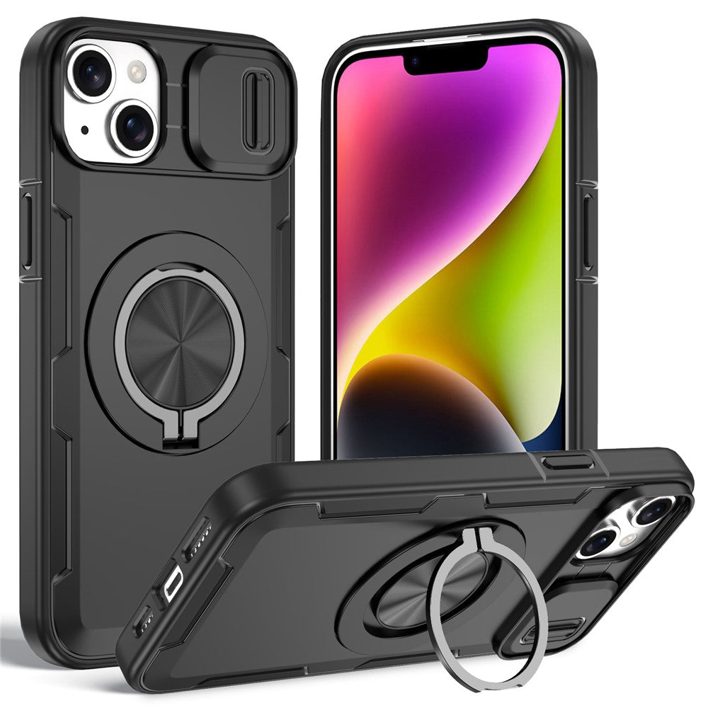 Til iPhone 14 / 13 Magnetisk Cover Skydbart Kameralåg Roterende Støttefod PC + TPU Telefoncover