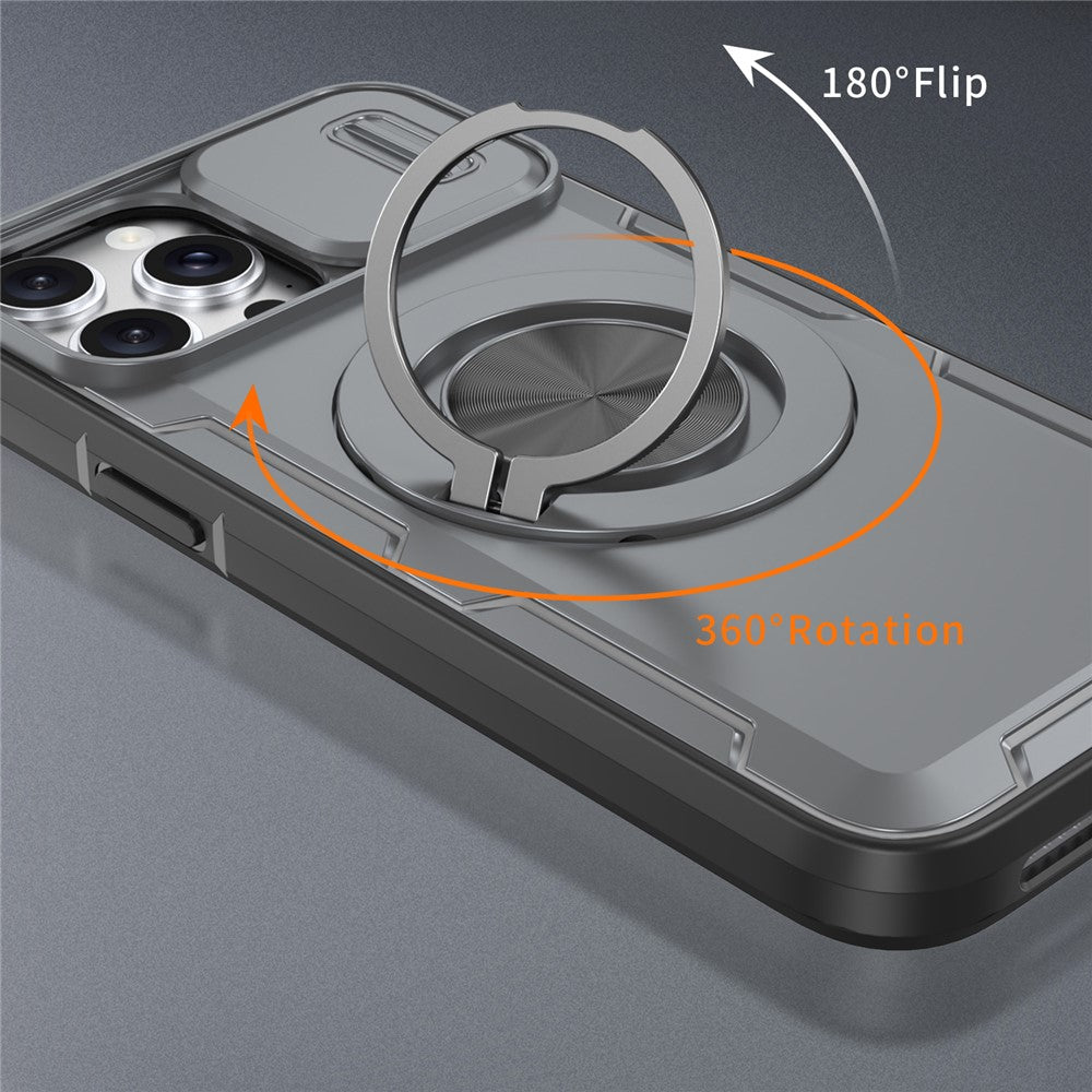 For iPhone 13 Pro Max Magnetic Case Slide Camera Cover Rotary Kickstand PC + TPU Phone Shell