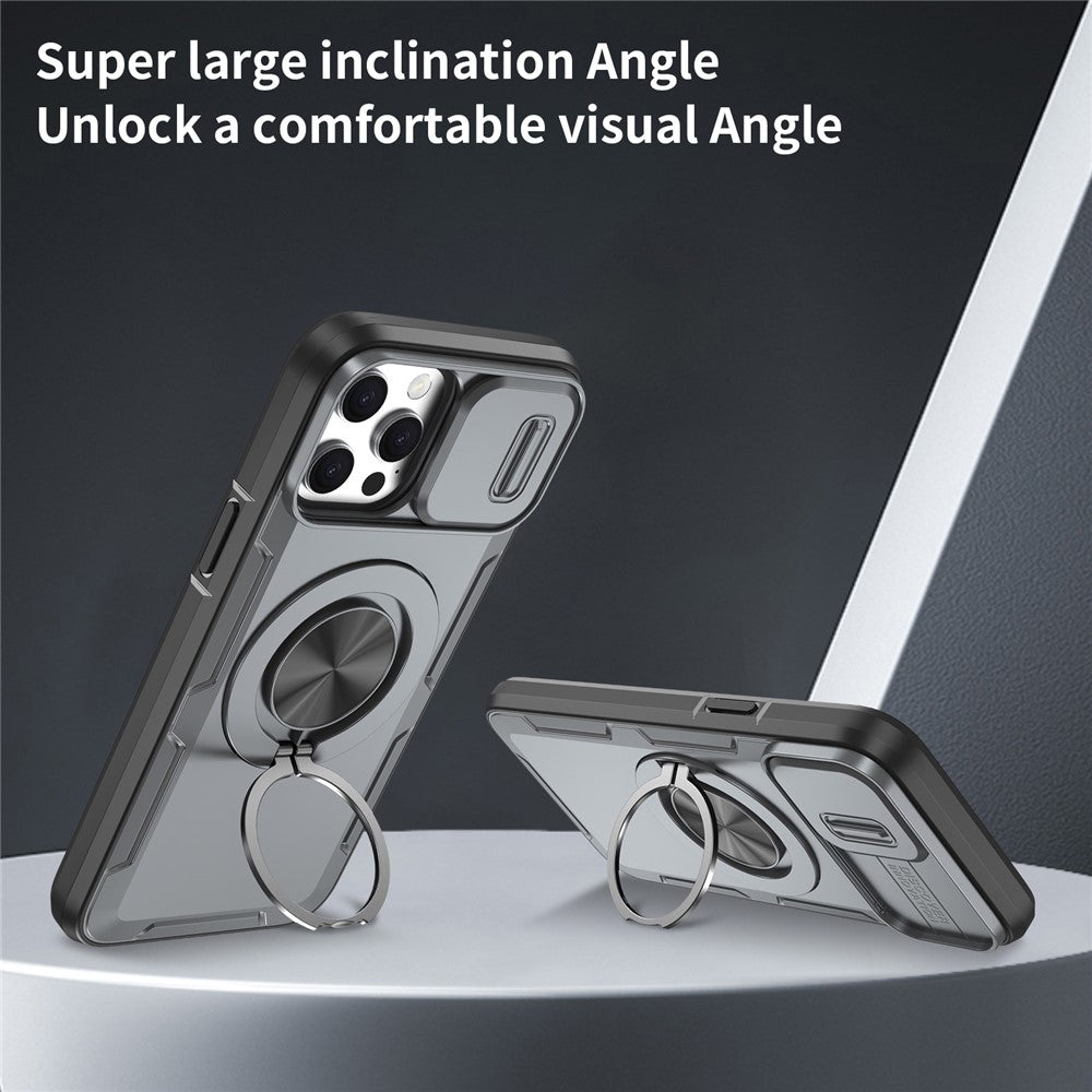 For iPhone 13 Pro Max Magnetic Case Slide Camera Cover Rotary Kickstand PC + TPU Phone Shell