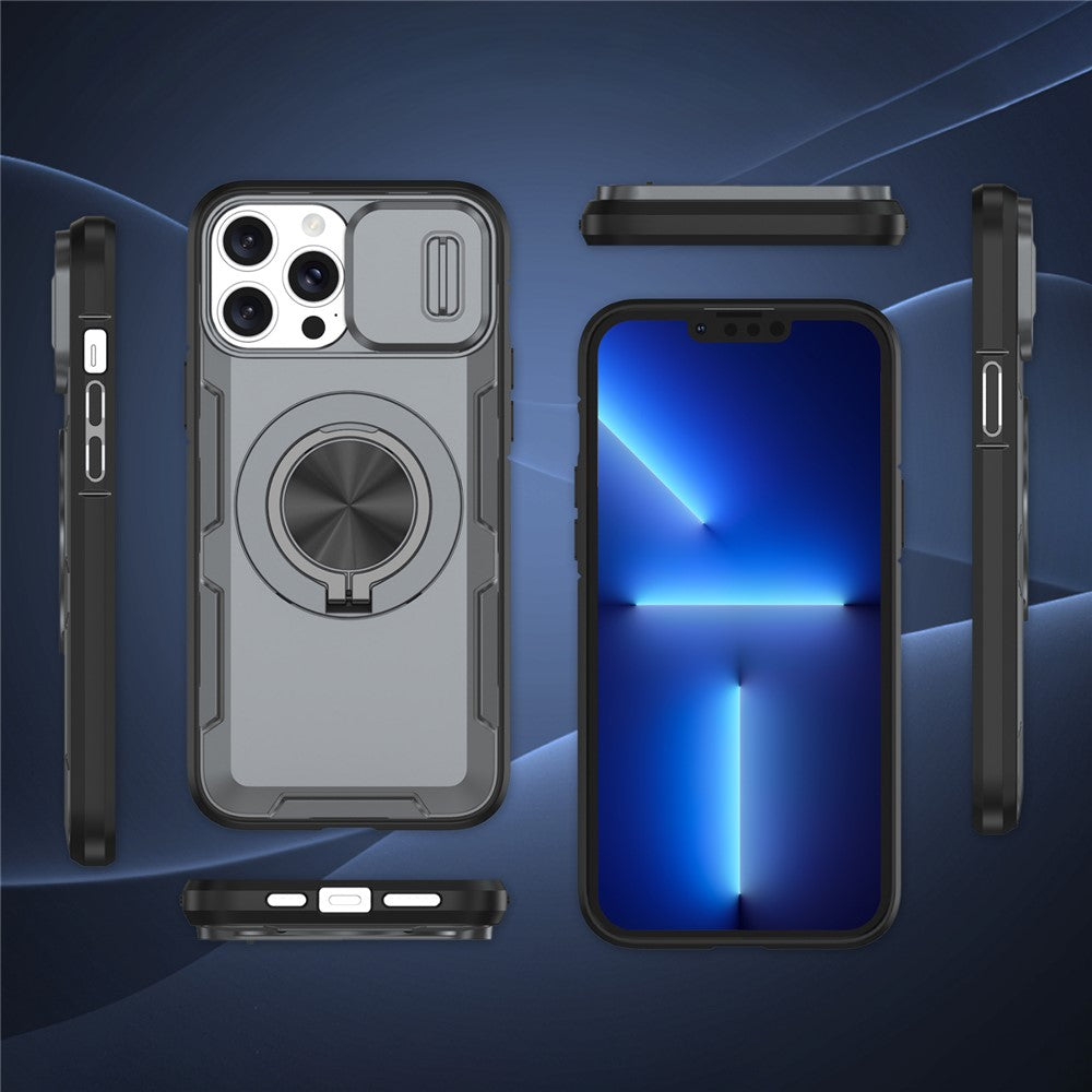 For iPhone 13 Pro Max Magnetic Case Slide Camera Cover Rotary Kickstand PC + TPU Phone Shell