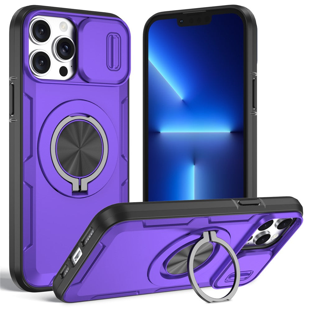 For iPhone 13 Pro Max Magnetic Case Slide Camera Cover Rotary Kickstand PC + TPU Phone Shell