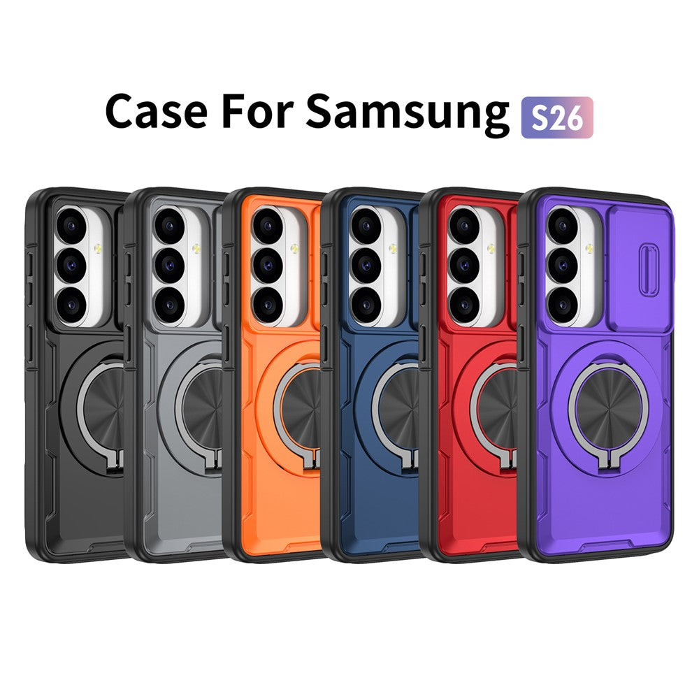Magnetiskt skal för Samsung Galaxy S26 med glidande kameraskydd, roterande stöd, PC + TPU-skal
