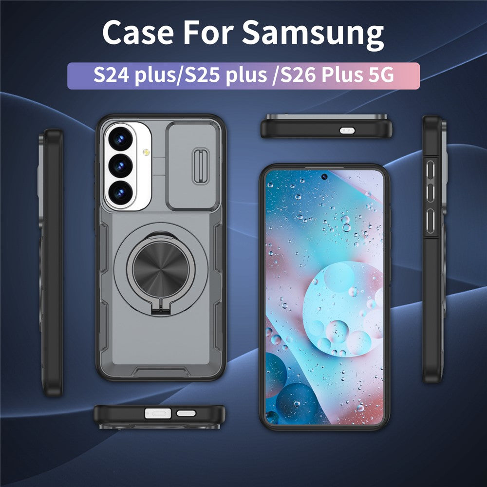 Magnetisk cover med skydedæksel til kamera og roterende stativ i PC + TPU til Samsung Galaxy S26+ / S25+ / S24+