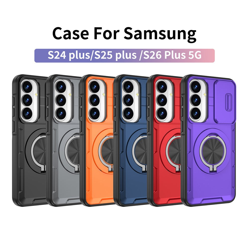 Magnetisk cover med skydedæksel til kamera og roterende stativ i PC + TPU til Samsung Galaxy S26+ / S25+ / S24+