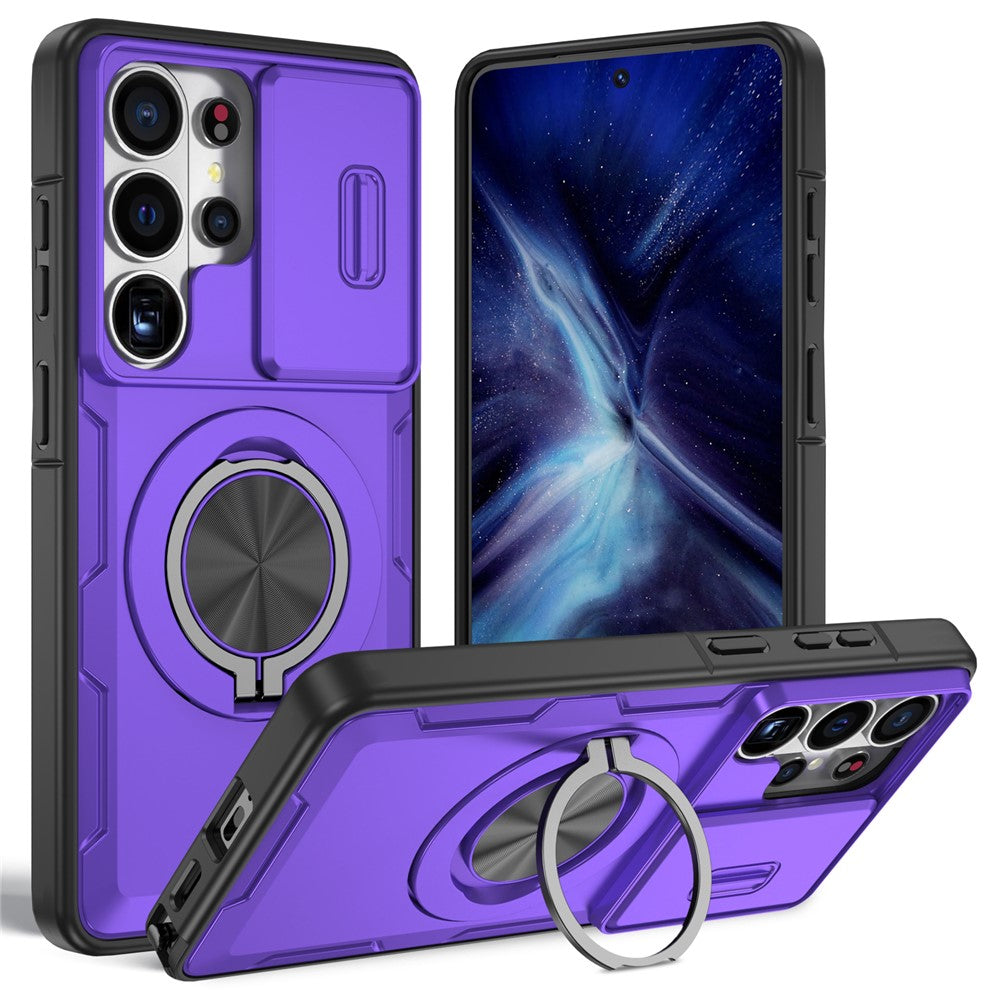 For Samsung Galaxy S26 Ultra Magnetic Case Slide Camera Cover Rotary Kickstand PC + TPU Phone Shell