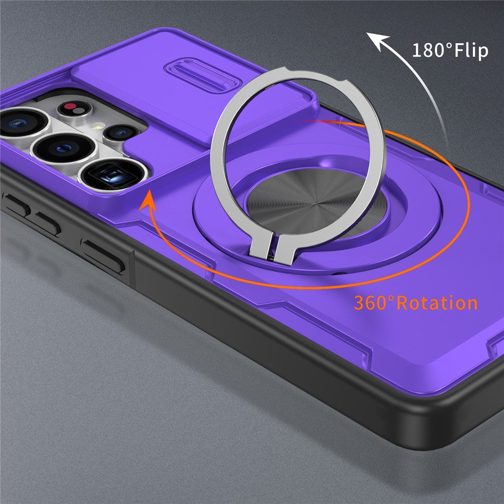 For Samsung Galaxy S26 Ultra Magnetic Case Slide Camera Cover Rotary Kickstand PC + TPU Phone Shell