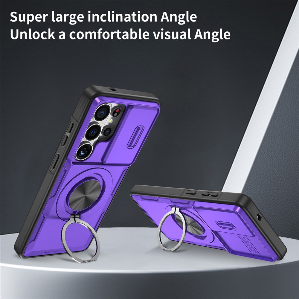 For Samsung Galaxy S26 Ultra Magnetic Case Slide Camera Cover Rotary Kickstand PC + TPU Phone Shell