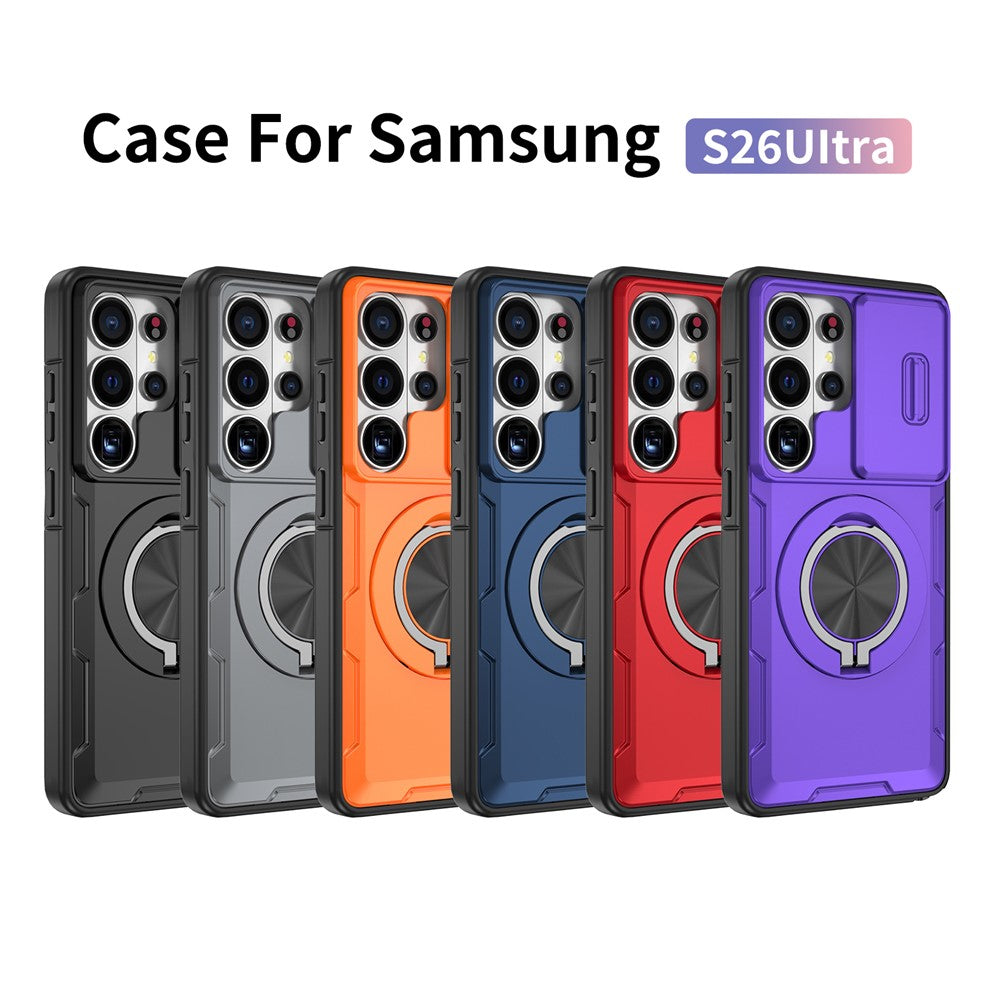 For Samsung Galaxy S26 Ultra Magnetic Case Slide Camera Cover Rotary Kickstand PC + TPU Phone Shell
