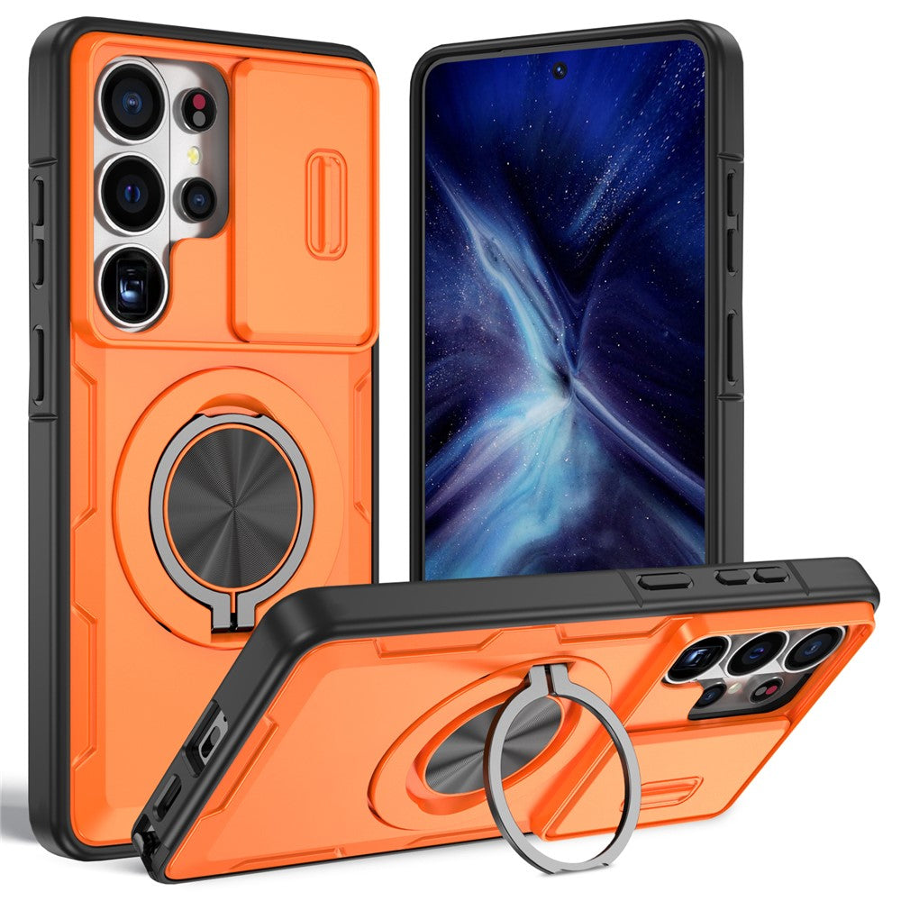 For Samsung Galaxy S26 Ultra Magnetic Case Slide Camera Cover Rotary Kickstand PC + TPU Phone Shell