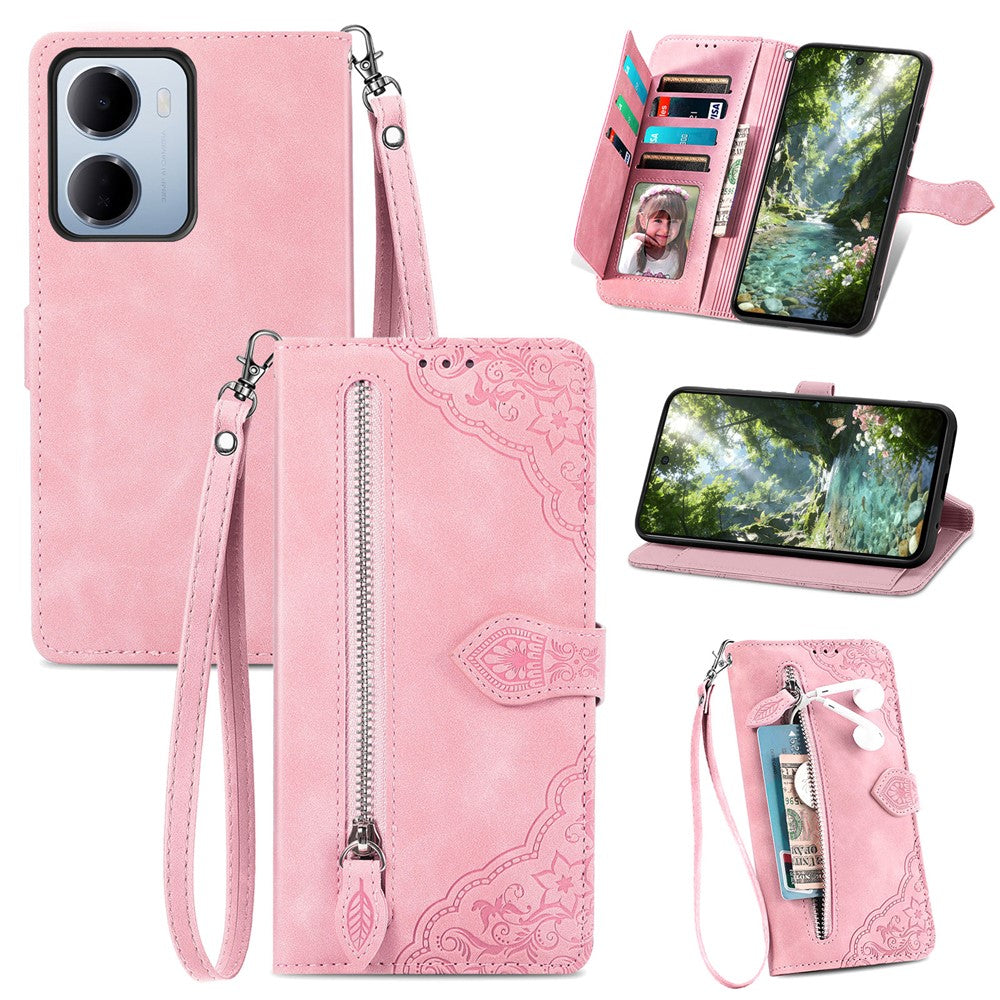 For Xiaomi Redmi 15a 5G Zipper Wallet Case with Strap Flower Imprint PU Leather Phone Cover