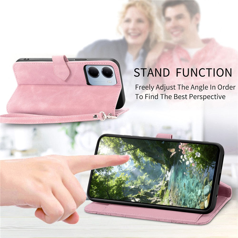 For Xiaomi Redmi 15a 5G Zipper Wallet Case with Strap Flower Imprint PU Leather Phone Cover