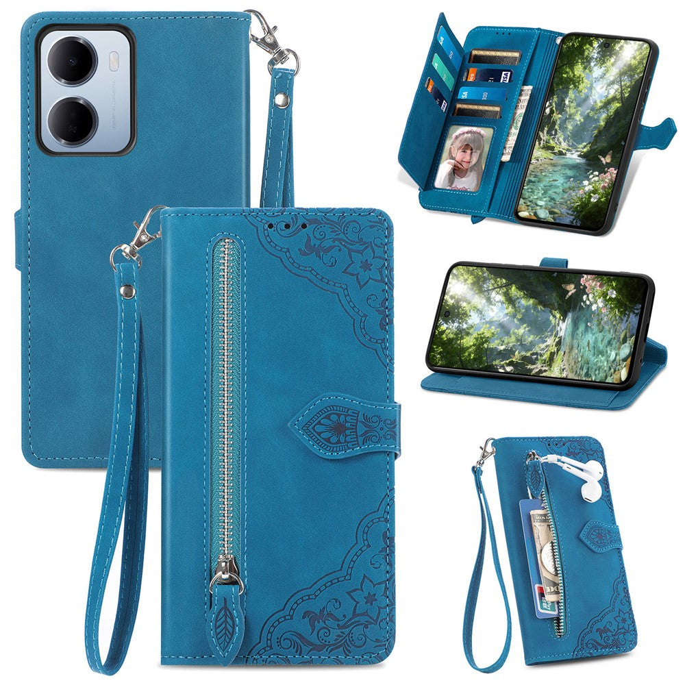 For Xiaomi Redmi 15a 5G Zipper Wallet Case with Strap Flower Imprint PU Leather Phone Cover