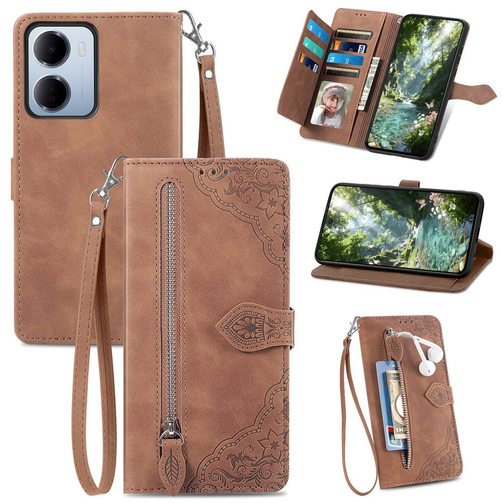 For Xiaomi Redmi 15a 5G Zipper Wallet Case with Strap Flower Imprint PU Leather Phone Cover