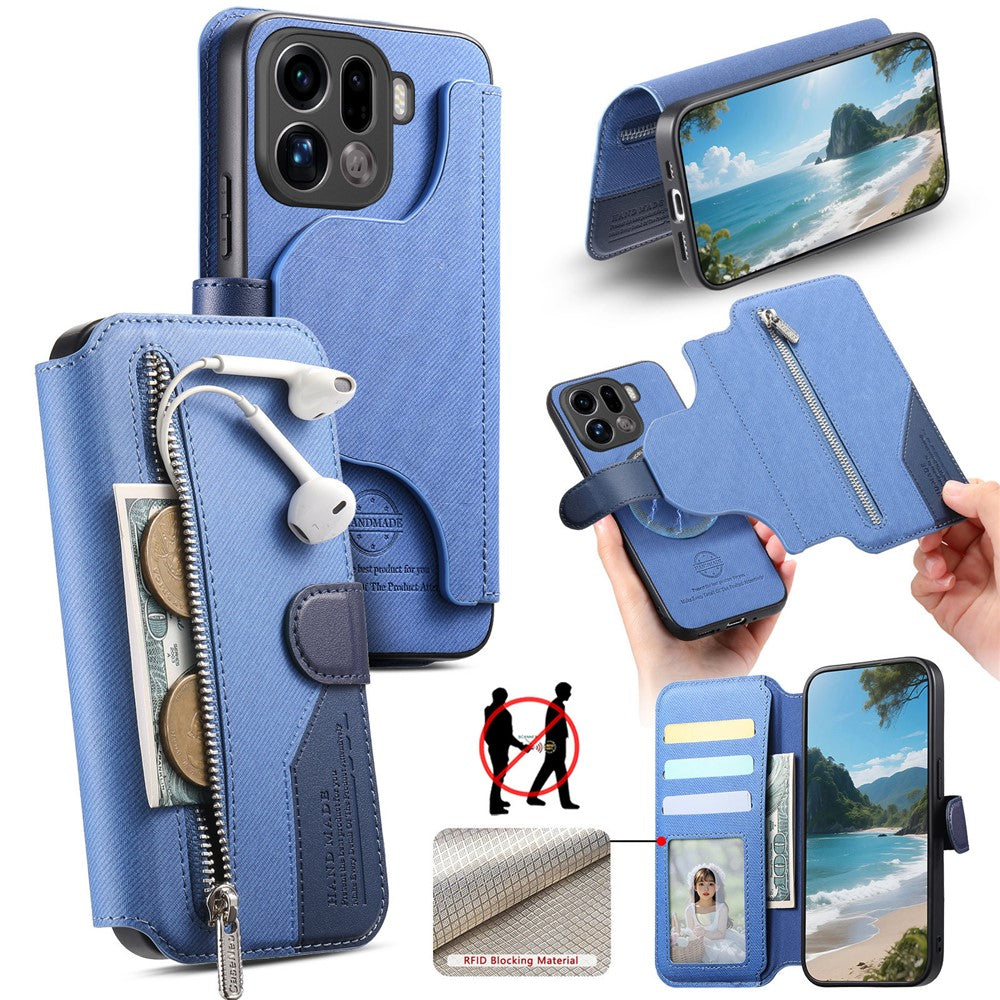 For Oppo Find X9 Pro 5G Magnetic Case RFID Blocking Detachable Wallet Stand Cloth Texture Leather Phone Cover