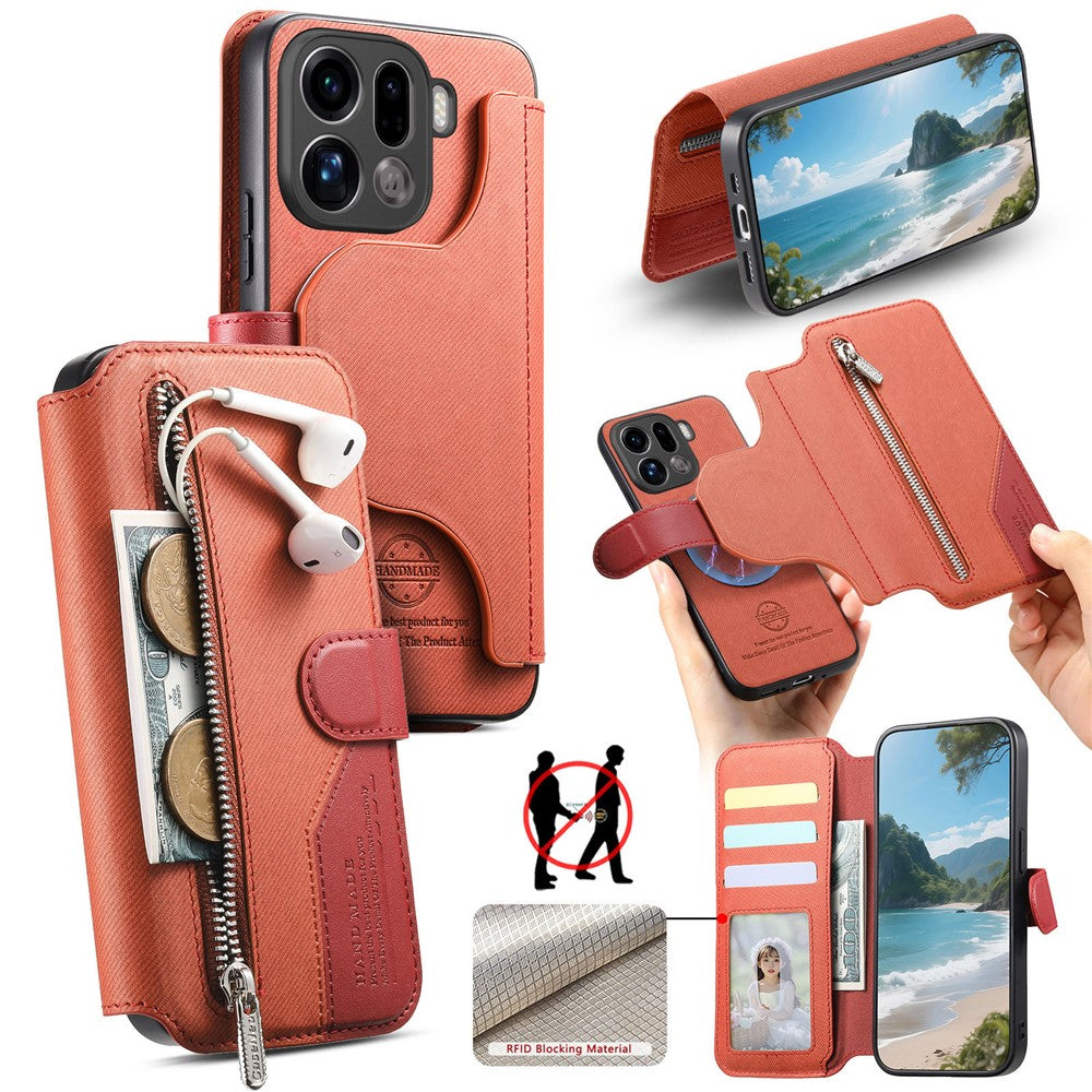 For Oppo Find X9 Pro 5G Magnetic Case RFID Blocking Detachable Wallet Stand Cloth Texture Leather Phone Cover