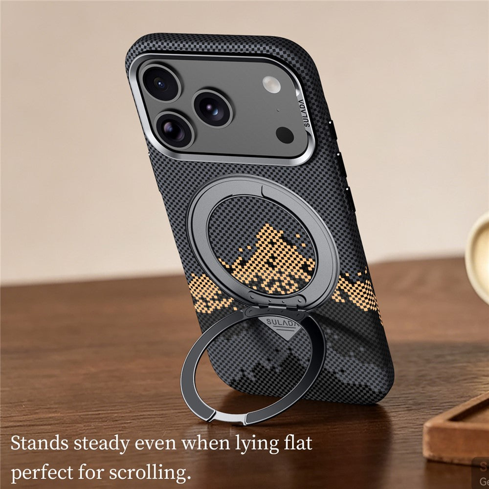 SULADA for iPhone 18 Pro / 17 Pro Magnetic Case 360° Rotating Ring Kickstand Golden Mountain Pattern PC Slim Phone Cover