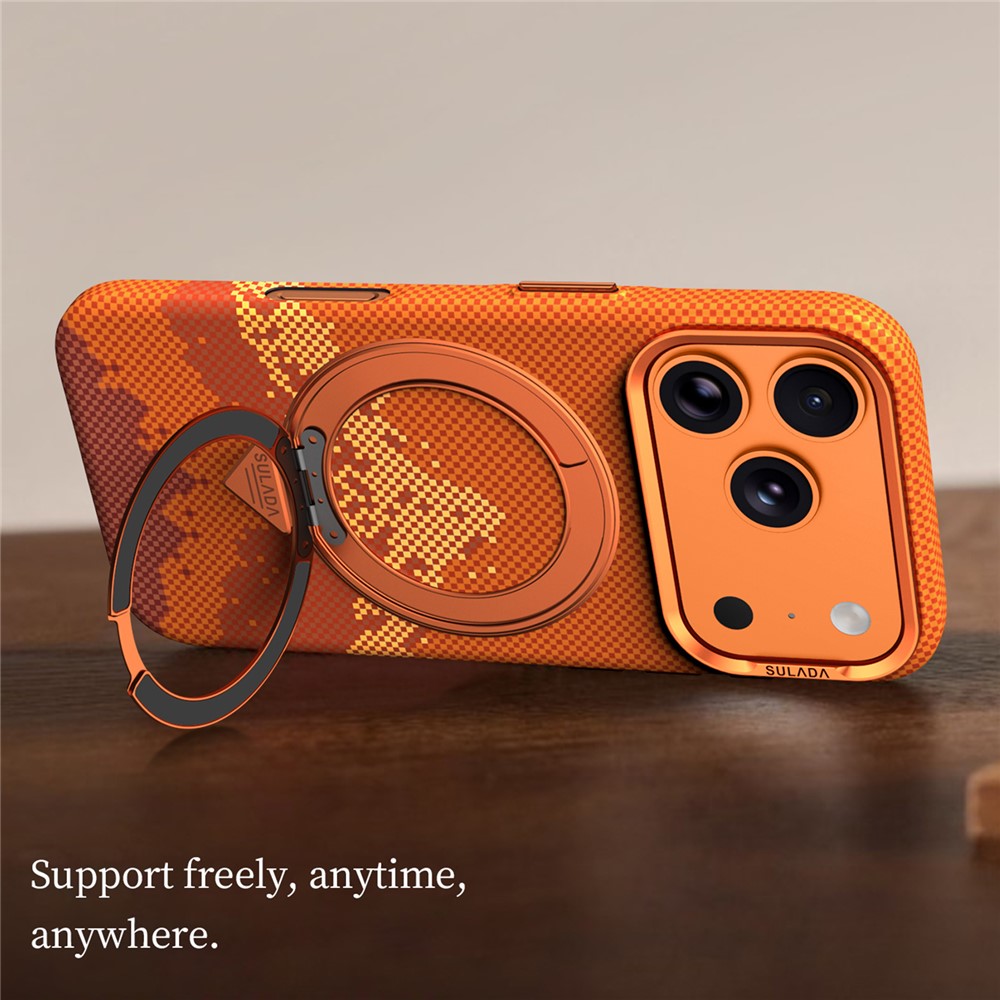 SULADA for iPhone 18 Pro / 17 Pro Magnetic Case 360° Rotating Ring Kickstand Golden Mountain Pattern PC Slim Phone Cover