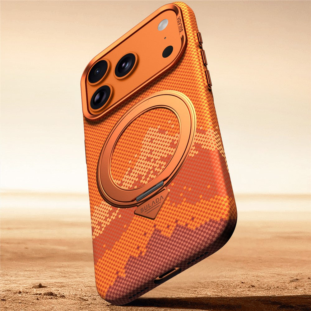 SULADA for iPhone 18 Pro / 17 Pro Magnetic Case 360° Rotating Ring Kickstand Golden Mountain Pattern PC Slim Phone Cover