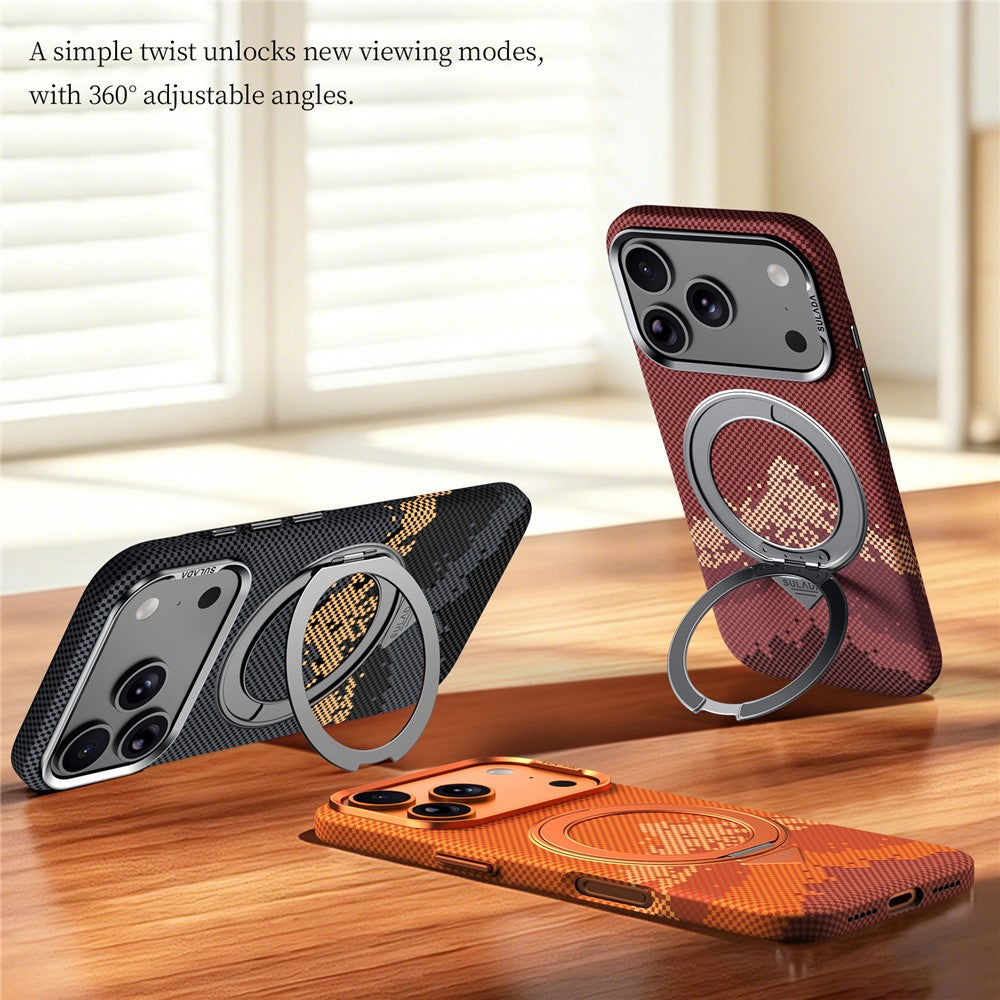 SULADA for iPhone 18 Pro / 17 Pro Magnetic Case 360° Rotating Ring Kickstand Golden Mountain Pattern PC Slim Phone Cover