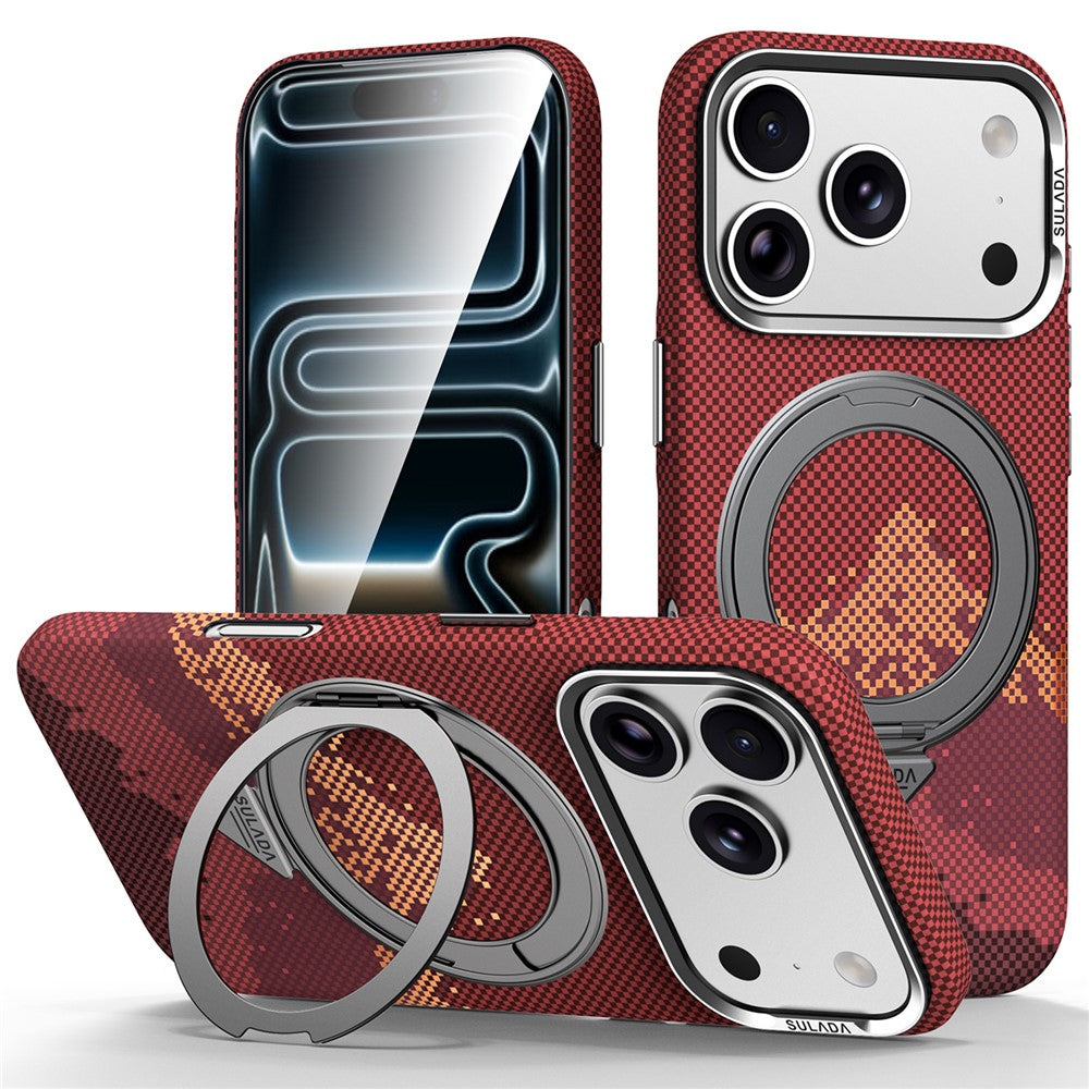 SULADA for iPhone 18 Pro / 17 Pro Magnetic Case 360° Rotating Ring Kickstand Golden Mountain Pattern PC Slim Phone Cover